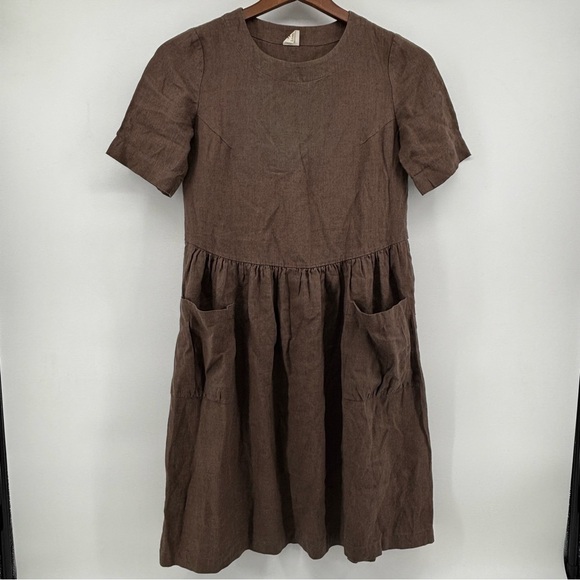 LinenBee Womens Brown Short Sleeve Maxi Pocketed Dress SeeMeasurements - Picture 1 of 10